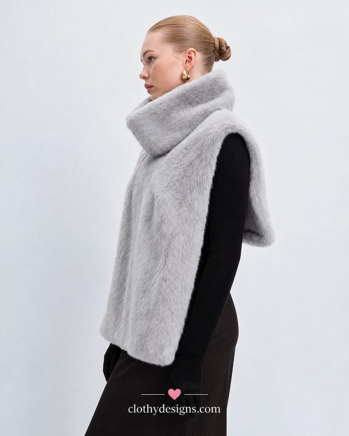 Women’s Faux Mink Asymmetrical Turtleneck Vest – Chic Winter Sleeveless Top